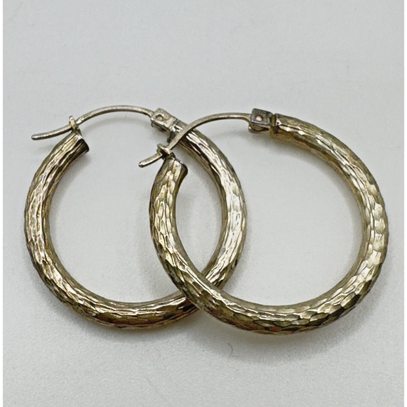 Vintage Textured Sterling Silver Medium Hoop Earrings Minimalist Signed AAJ Ster - Picture 1 of 10